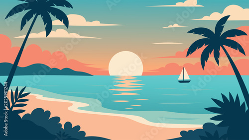 Obraz na plátně Tropical Beach Sunset Paradise with Palm Trees and Ocean Sailboat Vector Illustr