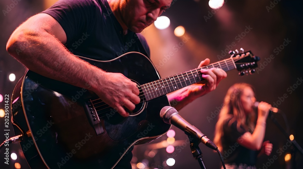 Obraz premium Male musician playing acoustic guitar on stage with female singer in background