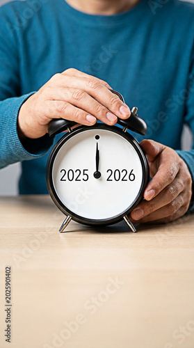 Person holding a black clock showing the transition between the years twenty twenty five and twenty