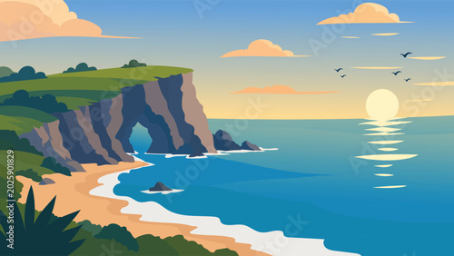 Scenic Coastal Rock Arch Cave Beach Landscape at Sunrise with Seagulls and Ocean Waves Flat Vector Illustration Background