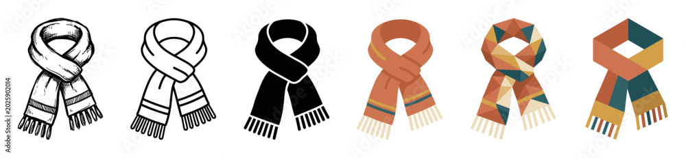 Obraz premium Winter scarf clothing accessory multi style icon set with hand-drawn, outline, solid, flat, polygonal, and isometric styles