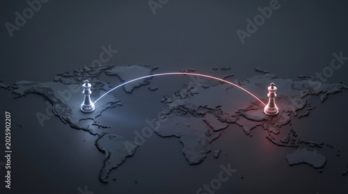 USA and China chess kings on a dark world map connected by a glowing line