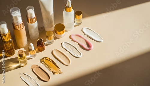 Smudges of skin care, smears of facial cream, lotion, body moisturizer, gel creams, serums and beauty products on beige background, textures and colors of high end cosmetic products, copy text space