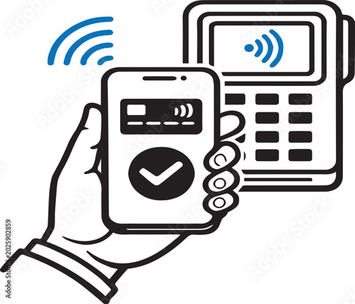 Contactless mobile payment transaction with a smartphone held near a card reader terminal isolated on a white background.