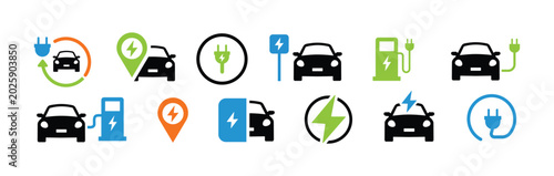 Electric Vehicle EV Charging Station and Battery Icon Set Vector Illustration
