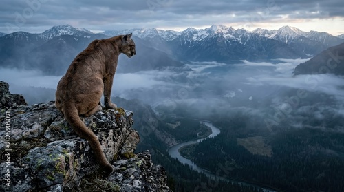 Mountain lion perched on a rocky cliff overlooking a misty valley and river, celebrating National Cougar Day in the wild, majestic wilderness landscape for conservation awareness