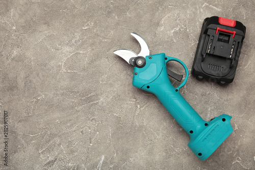 Foto Blue garden battery powered pruning shears, secateurs, pruner on grey background