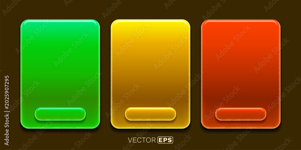 Fototapeta premium Three glossy, colorful rounded rectangular panels with interactive buttons.