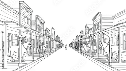 Schilderij op canvas Wild West Town Main Street Line Art Illustration with Hitched Horses and Lone Co