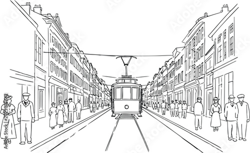 Фотография Vintage street scene with tram and people in old fashioned clothing, historical