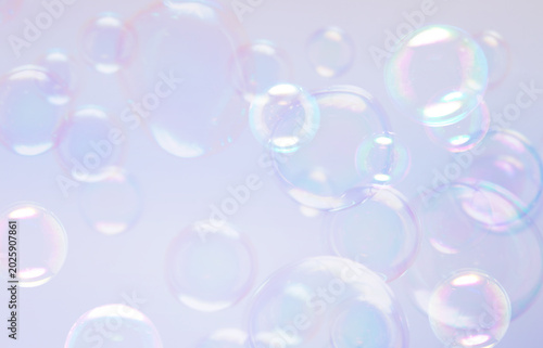 Beautiful Colorful Clear Soap Bubbles Floating in The Air. Celebration Festive Backdrop. Freshness Soap Suds Bubbles Water. Gradient Colors Purple, Blue and White Textured.	