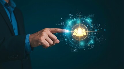 Businessman pointing towards a digital interface with glowing people icons