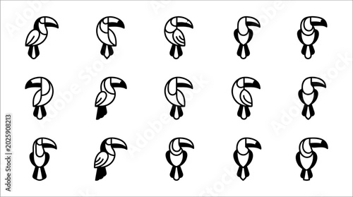 Collection of black toucan bird silhouettes.