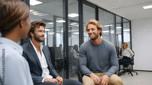 Two professionals interact in a modern minimalist office environment suggesting focused collabo n and teamwork during a business discussion
