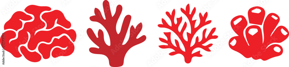 Fototapeta premium Red coral types collection icon set isolated on transparent background.