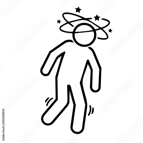 Dizzy man stick figure icon, minimalist line art of person with stars spinning around head for vertigo, illness symptoms, and loss of balance concept.