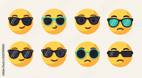 Collection of yellow emoji faces wearing sunglasses diverse expressions