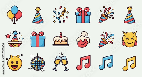 Colorful party celebration icons set including balloons gifts and cake