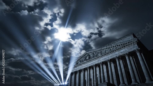 Dramatic Nighttime Scene of a Historic Building with Spotlight Effects