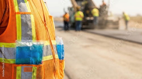 Close up of a construction worker wearing a safety vest with cooling packs in the pocket