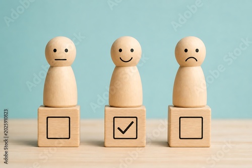 Three wooden figures stand on blocks, each with a different facial expression and a checkbox, symbolizing a selection of opinions.