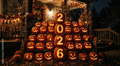 Vertical 2026 carved pumpkin totem surrounded by jack o lanterns on porch. Halloween decor concept.