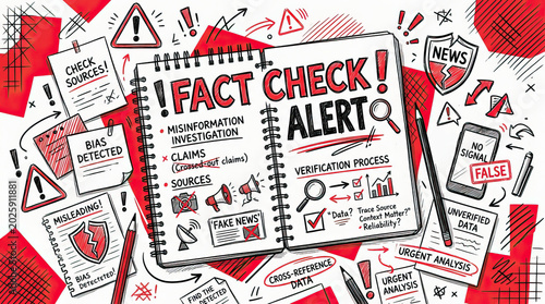 Fact check alert concept artwork with misinformation investigation, bias detection, verification process, and urgent analysis emphasizing false news and unverified data dynamic red and black