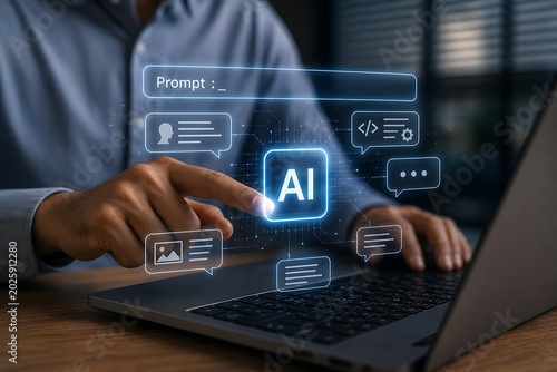Person uses a laptop, interacting with an ai interface with chat and code icons for development.