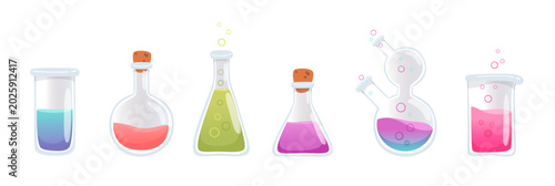 Chemistry lab tubes. Chemistry lab equipment with test tubes and flasks filled with colorful liquids. 3D scientific glassware cartoon vector illustration for laboratory research and experiments.