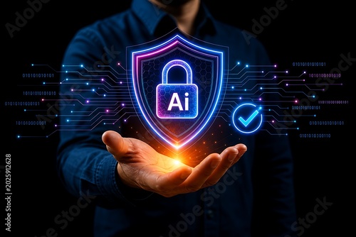 Person's hand holds a glowing ai-powered shield with a padlock and checkmark, symbolizing digital security and protection.