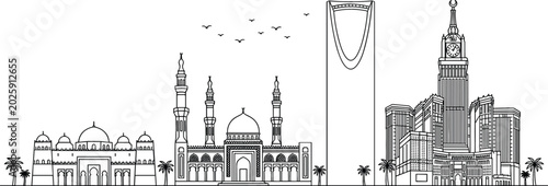 Foto Saudi Arabia Vector Illustration Featuring Mecca and Riyadh Skyline, Mosques, Cl