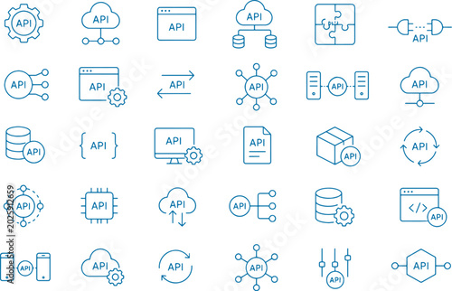 API Integration Icon Set Minimalist Line Art Vector System Connection Data Exchange Icons