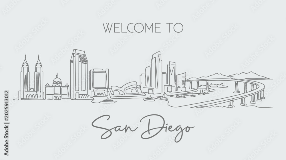 Obraz premium San Diego Skyline Continuous Line Art: Welcome Graphic