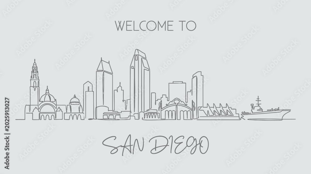 Fototapeta premium San Diego Skyline Illustration: Geometric Cityscape, Travel Art