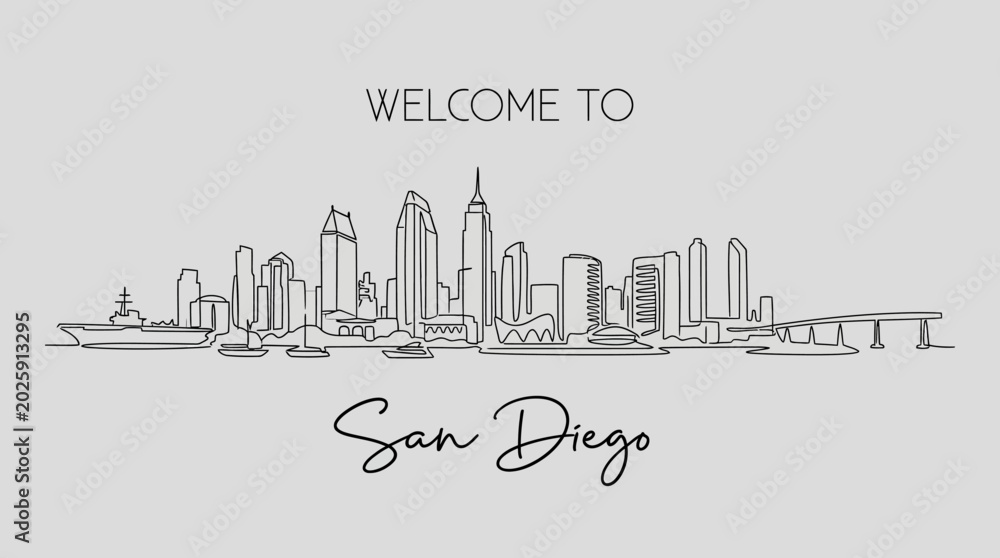 Fototapeta premium San Diego Skyline Sketch: Welcome Greeting against Grey Backdrop