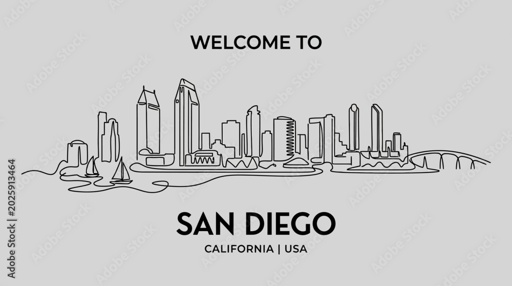 Fototapeta premium San Diego Skyline Outline: Cityscape Silhouette with Sailboats