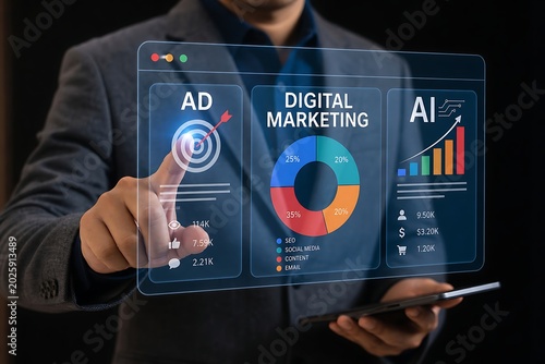 Person interacts with a holographic display showing digital marketing analytics, including advertising, ai, and pie chart data.