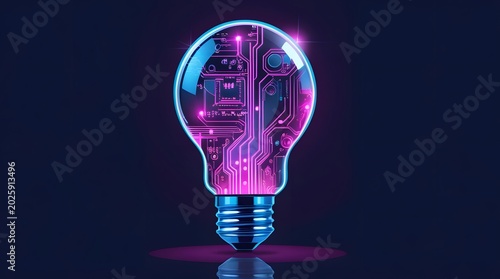 Futuristic digital illustration of a transparent glass light bulb with glowing neon pink and purple circuit board inside, symbolizing innovation and technology on a dark blue background