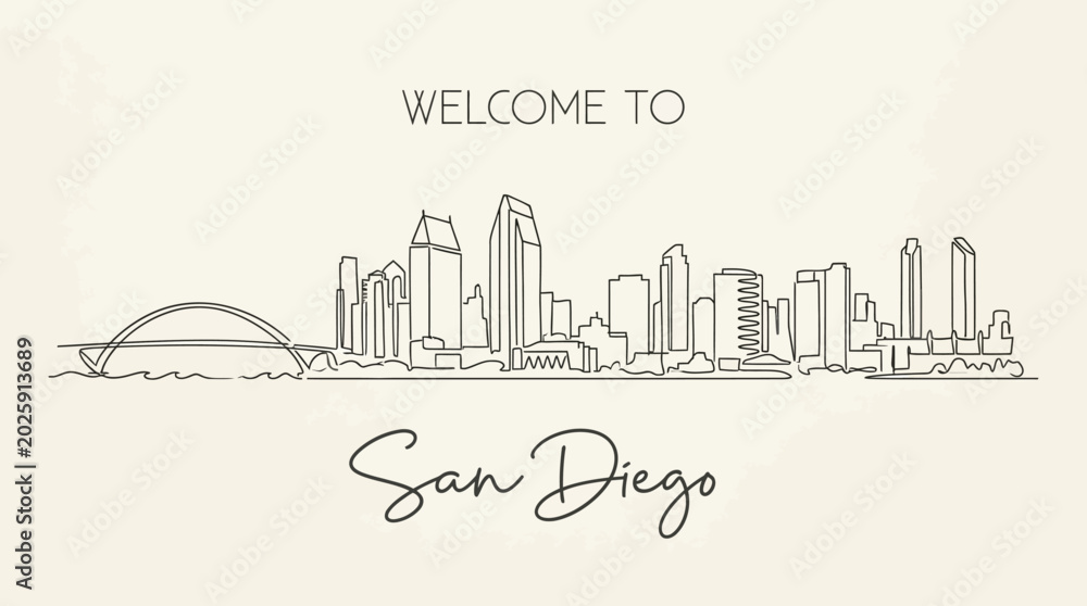 Fototapeta premium San Diego Cityscape Line Art Welcome Card