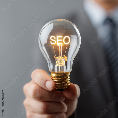 Business man holding light bulb with innovation and inspiration SEO concept