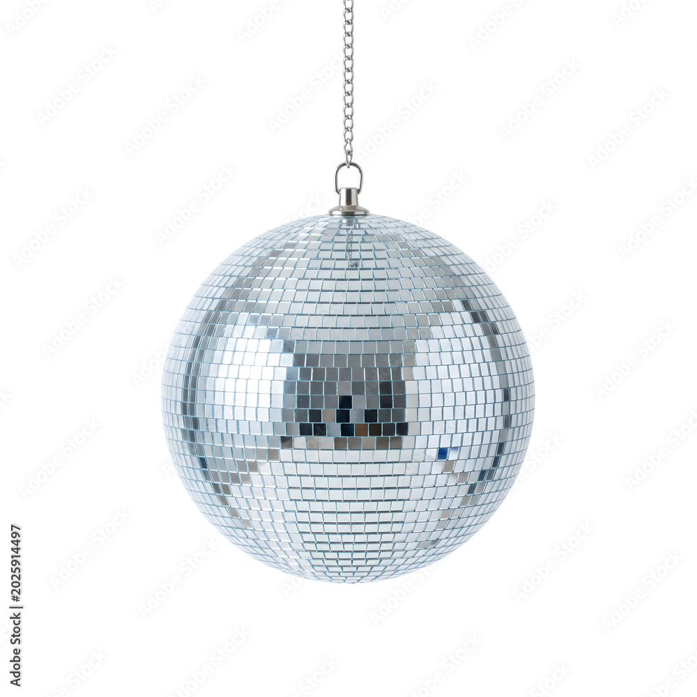 Fototapeta premium Shiny reflective silver disco ball with metal hanging chain for night club party celebration festive decoration concept isolated on transparent background