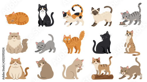Schilderij op canvas Cute cat character collection, kawaii kitten stickers set with various breeds an