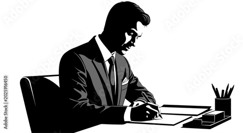 Bilde på lerret Successful businessman in formal suit sitting at desk signing contract or writing important document in professional office black white illustration