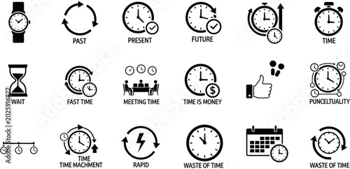 Photos Professional collection of time management icons representing past present future scheduling punctuality productivity waste of time and business office workflow
