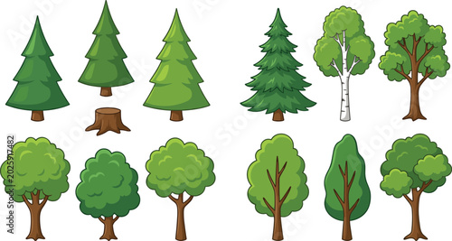 Fotografía Cartoon style tree illustrations featuring coniferous, deciduous, birch, stump,