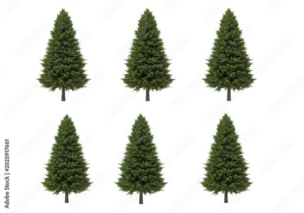 Obraz premium Realistic green evergreen tree illustration in multiple views isolated on white background