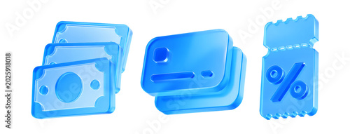 3D render set of blue glass financial icons featuring cash paper money, plastic credit cards, and discount percentage coupon voucher isolated on white background for online retail banking e-commerce.