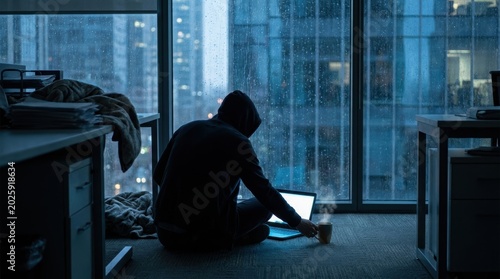 Person in hooded sweatshirt sitting on floor using laptop with steaming mug by rainy window