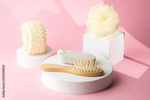 Tableau sur toile Set of natural bath accessories including brush sponge and pumice stone
