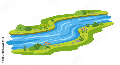 Obraz na płótnie winding river landscape with green banks vector illustration